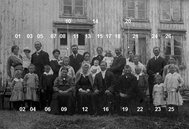 1918.07.21 - Brud- Maren Bergitte Edvardsdatter - Brudgom- Hagen Helmer Pareli Hartviksen - Utenfor våningshuset i Ravik - Utsnitt med nr - Kilde- Are Andersen